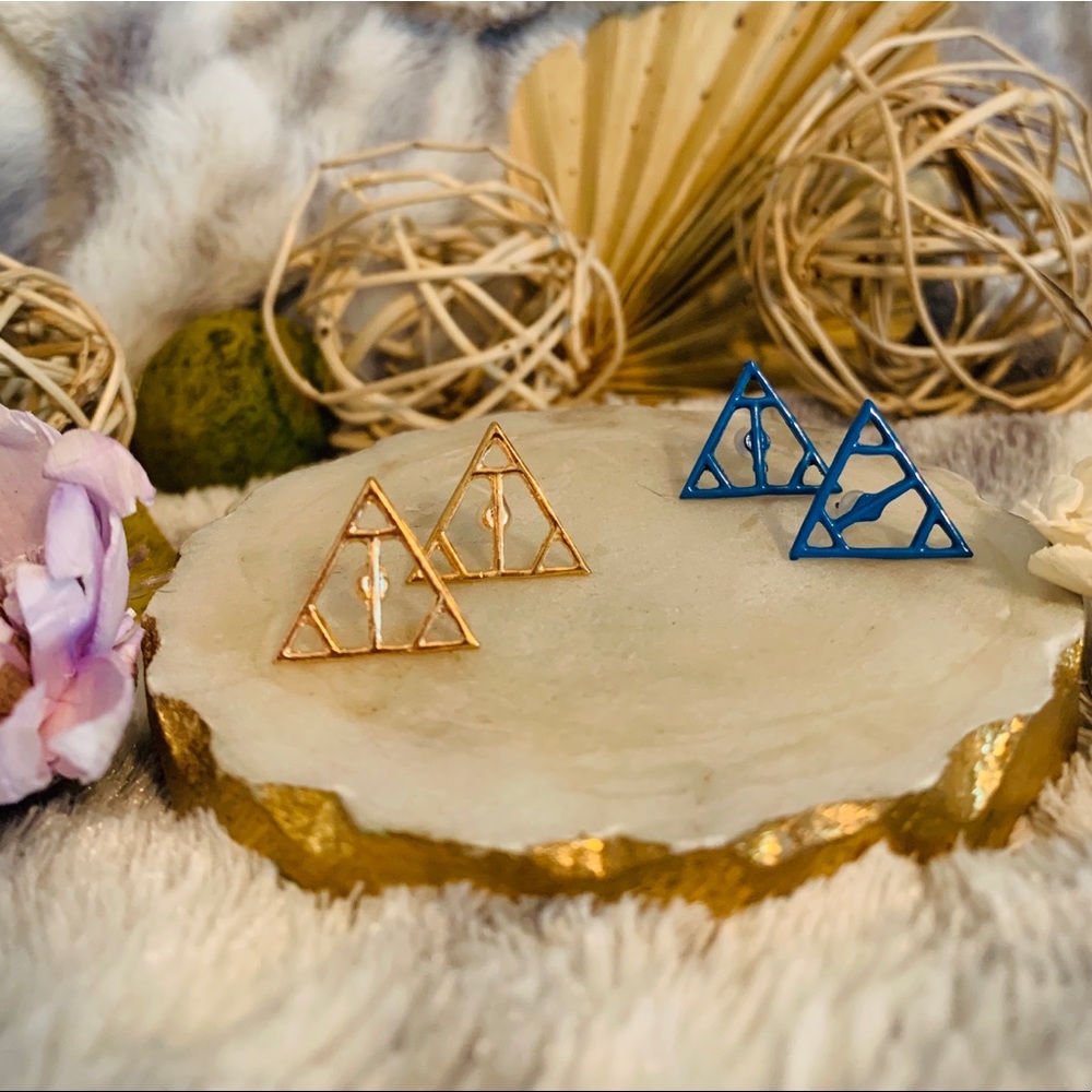 Gold and Blue Triangle Earrings Set